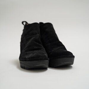 Fly London "Yebi" Wrap Black Oil Suede Wedged Booties